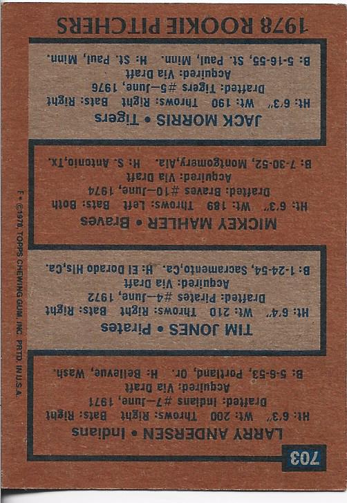 Larry Andersen, Tim Jones, Mickey Mahler, and Jack Morris 1978 Topps Rookie Pitchers Card
