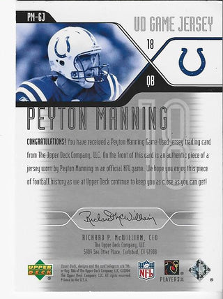 Peyton Manning 2004 Upper Deck Game Worn Jersey Card