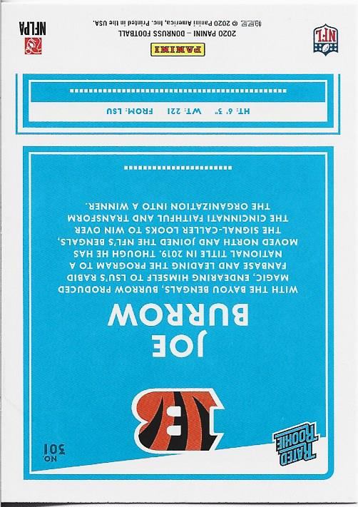 Joe Burrow 2020 Panini Donruss Rookie Card #301