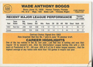 Wade Boggs 1982 Donruss Rookie Card #586