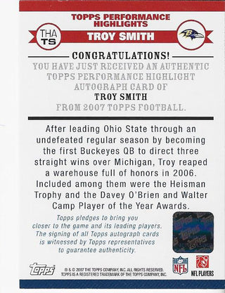 Troy Smith 2007 Topps Autographed Card