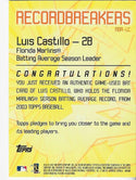 Luis Castillo 2002 Topps Game Used Bat Card