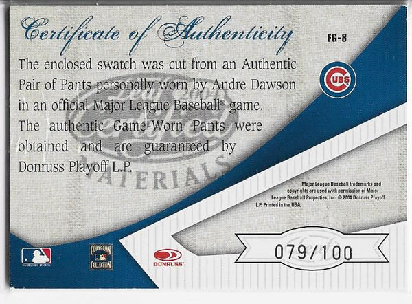 Andre Dawson Leaf 2004 Fabric of the Game Authentic Game Worn Pants Card 79/100