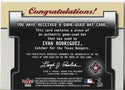 Ivan Rodriguez 2002 Fleer Game Used Bat Card
