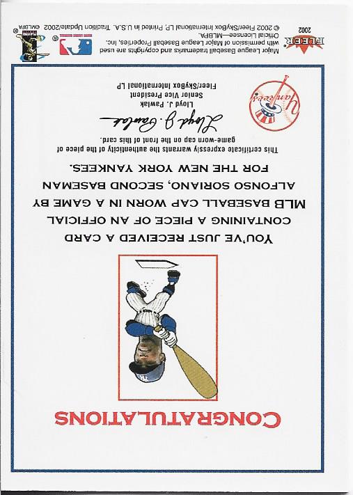 Alfonso Soriano 2002 Fleer Game Used Cap Card
