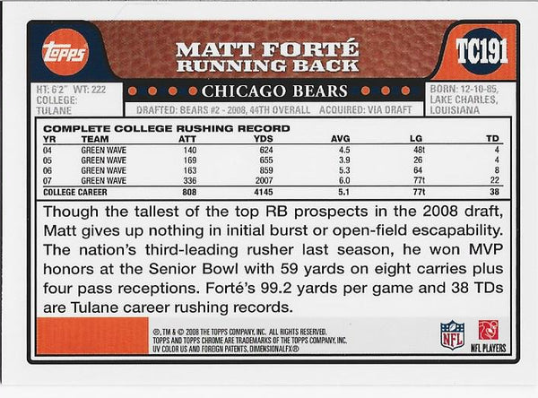 Matt Forte 2008 Topps Chrome Rookie Card
