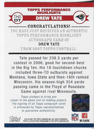 Drew Tate 2007 Topps Autographed Rookie Card