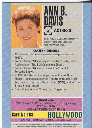 Ann B. Davis 1991 Starline Hollywood Autographed Card #103