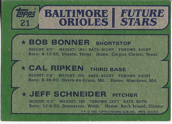 Cal Ripken Jr, Bob Bonner, and Jeff Schneider 1992 Topps Rookie Card #21
