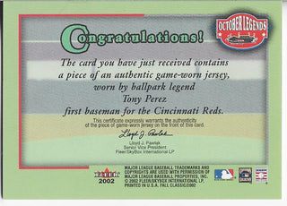 Tony Perez 2002 Fleer Game Worn Jersey Card
