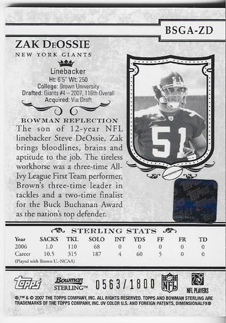 Zak DeOssie 2007 Bowman Autographed Rookie Card 563/1800