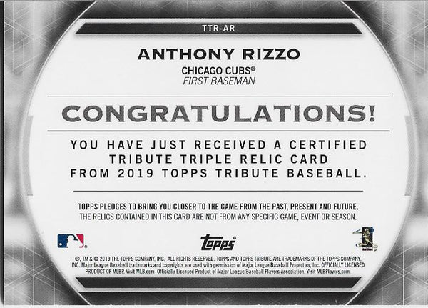 Anthony Rizzo 2019 Topps Tribute Game Worn Jersey Card 21/150