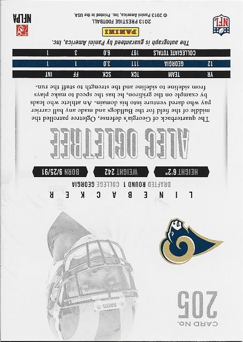 Alec Ogletree 2013 Prestige Autographed Rookie Card