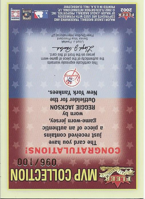 Reggie Jackson 2002 Fleer Game Worn Jersey Card 96/100