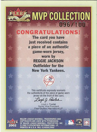 Reggie Jackson 2002 Fleer Game Worn Jersey Card 96/100