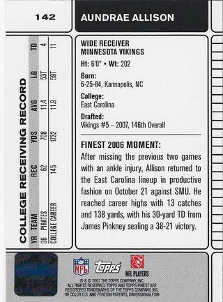 Aundrae Allison 2007 Topps Finest Autographed Rookie Card