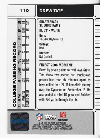Drew Tate 2007 Topps Finest Autographed Rookie Card