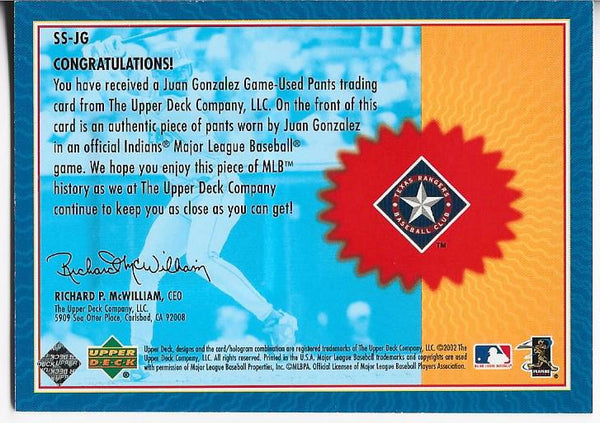 Juan Gonzalez 2002 Upper Deck Game Used Pants Card #SS-JG