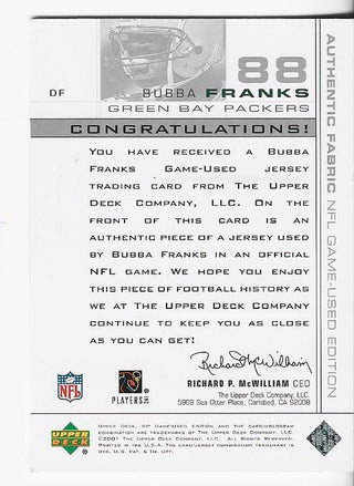 Bubba Franks 2001 Upper Deck Game Worn Jersey Card