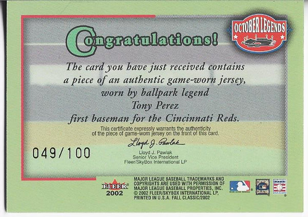 Tony Perez 2002 Fleer Game Worn Jersey Card 49/100