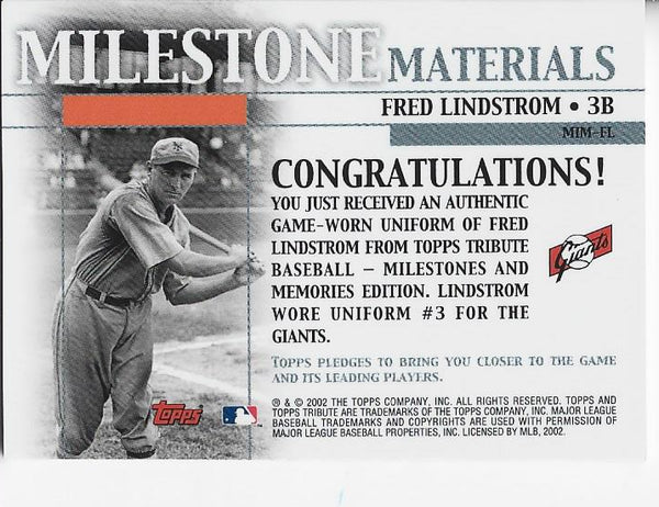 Fred Lindstrom 2002 Topps Tribute Game Used Bat Card