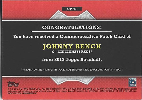 Johnny Bench 2013 Topps Commemorative Patch Card #CP-41