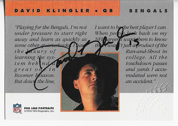 David Klingler Autographed 1992 Pro Line Portraits Card