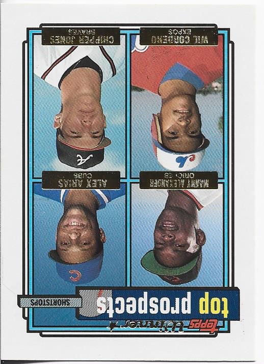 Manny Alexander, Alex Arias, Wil Cordero, and Chipper Jones 1992 Topps Prospects Card