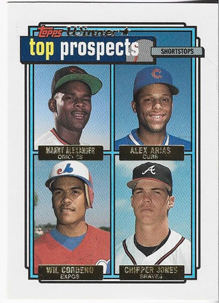 Manny Alexander, Alex Arias, Wil Cordero, and Chipper Jones 1992 Topps Prospects Card