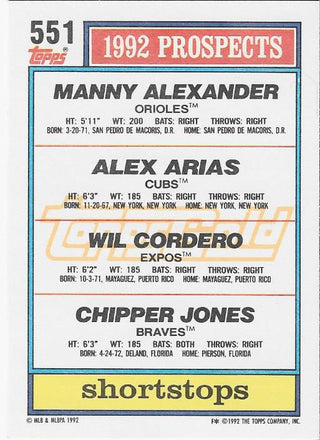 Manny Alexander, Alex Arias, Wil Cordero, and Chipper Jones 1992 Topps Prospects Card
