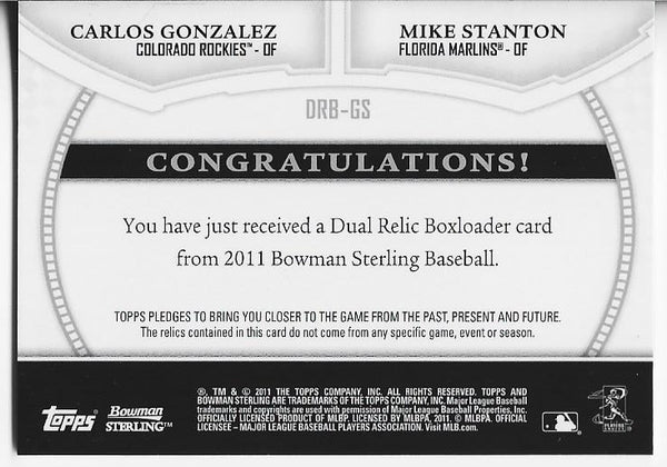 Mike Stanton and Carlos Gonzalez 2011 Topps Bowman Sterling Game Used Jersey Card 17/50 #DRB-GS