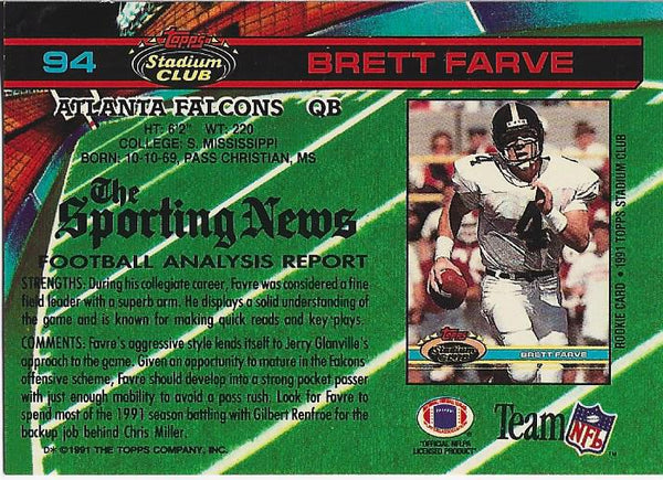 Brett Favre 1991 Topps Rookie Card #94