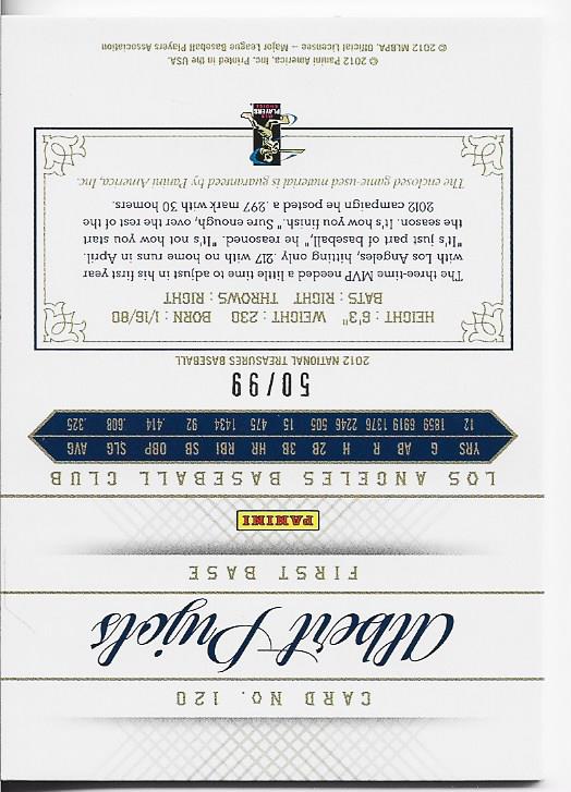 Albert Pujols 2012 Panini National Treasures Game Used Jersey Card 50/99 #120