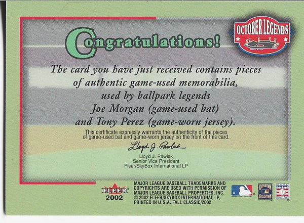 Joe Morgan and Tony Perez 2002 Fleer Game Used Jersey and Bat Card