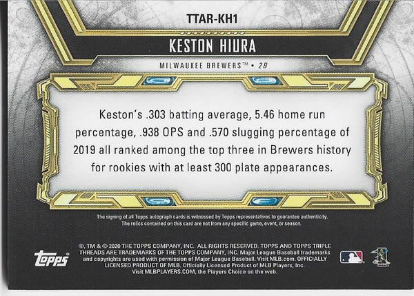 Keston Hiura 2020 Topps Triple Threads Autographed Game Used Relic Card 3/3 #TTAR-KH1