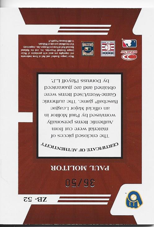 Paul Molitor 2005 Donruss Game Used Bat and Jersey Card 36/50