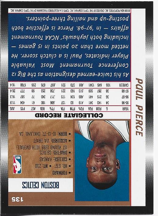 Paul Pierce 1999 Topps Rookie Card #135