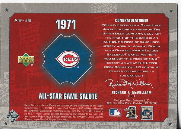 Johnny Bench 2001 Upper Deck Game Used Jersey  Card