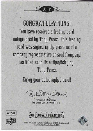 Tony Perez 2011 Upper Deck Goodwin Champions Autographed Card #A-TP