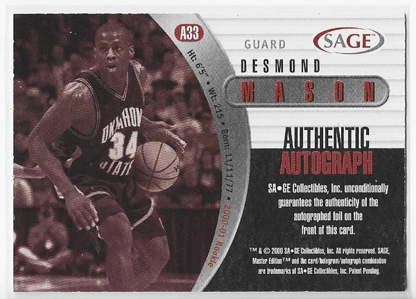 Desmond Mason 2000 Sage #A33 (624/650) Rookie Authentic Autograph Card