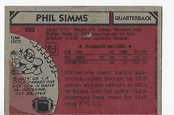 Phil Simms 1980 Topps #225 Football Card