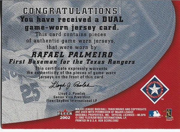 Rafael Palmeiro 2002 Fleer Game Worn Jersey Card