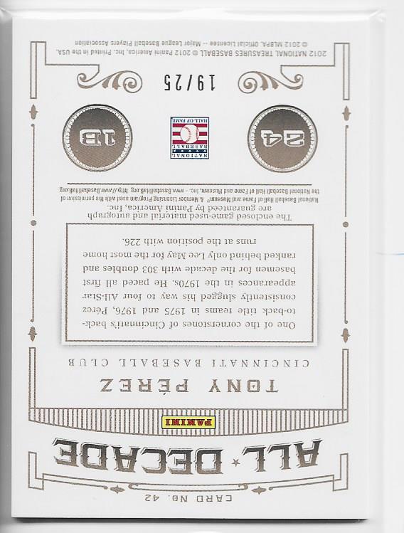 Tony Perez 2012 National Treasures Game Used Jersey and Autographed Card 19/25