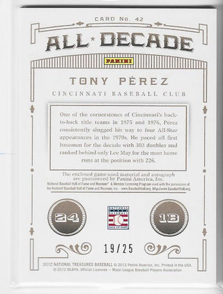 Tony Perez 2012 National Treasures Game Used Jersey and Autographed Card 19/25
