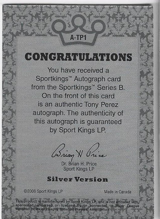 Tony Perez 2008 Sport Kings Autographed Silver Version Card
