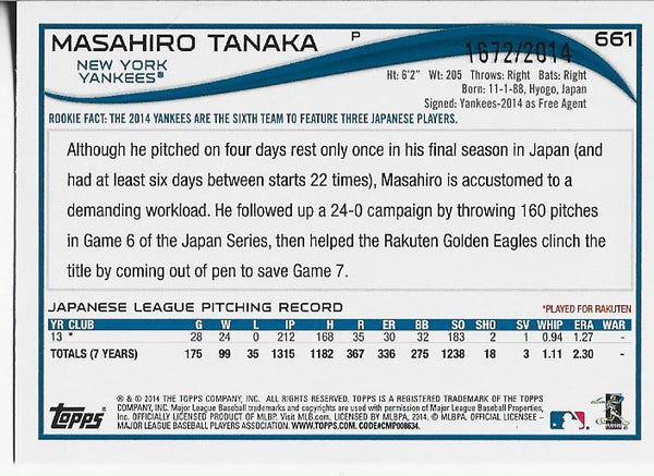Masahiro Tanaka 2014 Topps Rookie Card 1672/2014