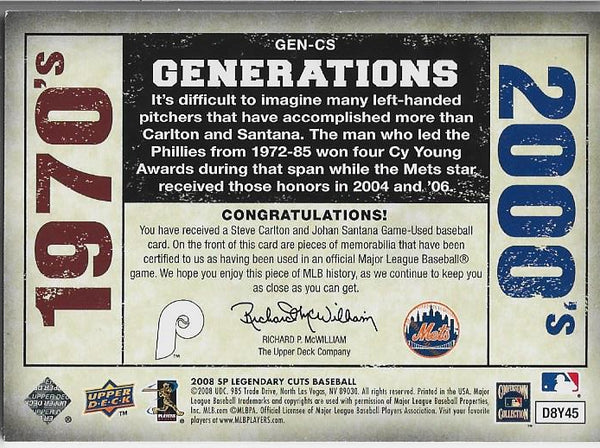 Steve Carlton and Johan Santana 2008 Upper Deck Game Used Jersey Relic Card