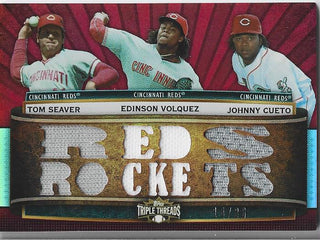 Tom Seaver, Edinson Volquez, and Johnny Cueto 2011 Topps Triple Threads Game Used Relics Card 14/36