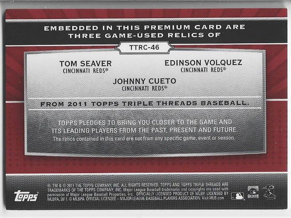 Tom Seaver, Edinson Volquez, and Johnny Cueto 2011 Topps Triple Threads Game Used Relics Card 14/36