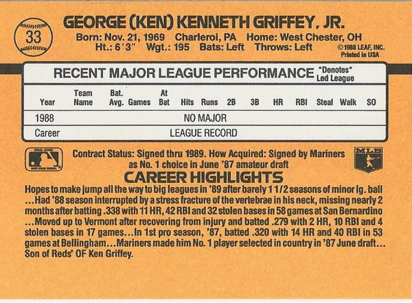 Ken Griffey Jr 1988 Leaf Rookie Card